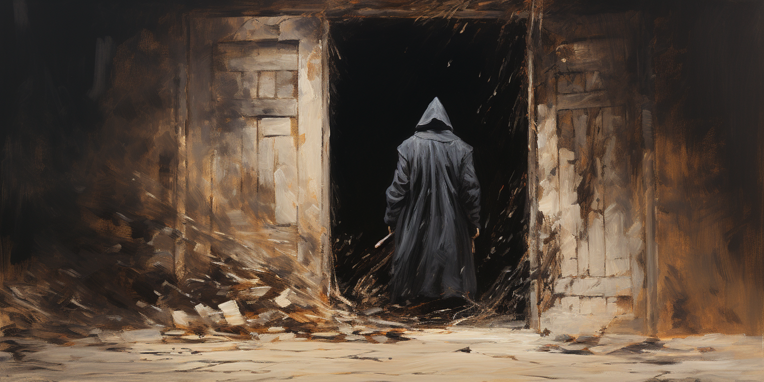 Medieval black hooded man peeping through destroyed door