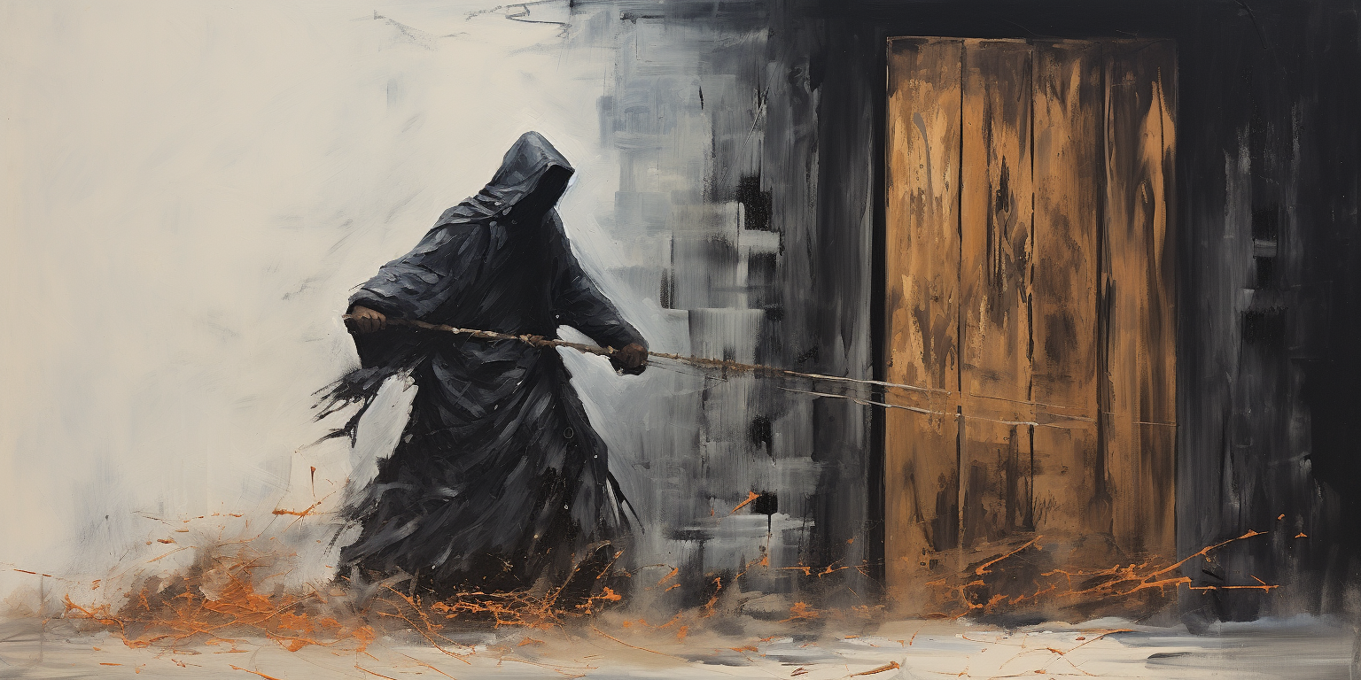 Black hooded man knocking on destroyed wooden door