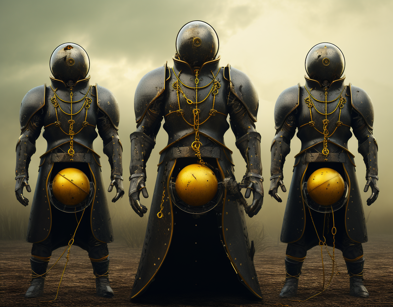 Illustration of Medieval Black Steel Full Body Armor with Magical Orbs