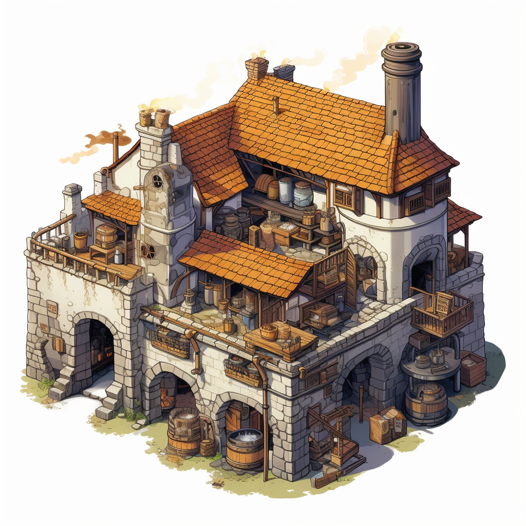 Isometric drawing of a medieval brewery