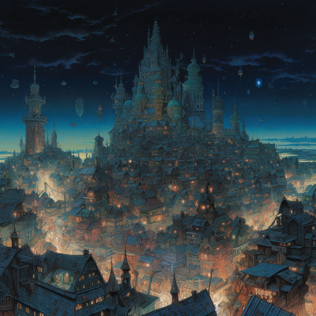 Medieval city skyline at night