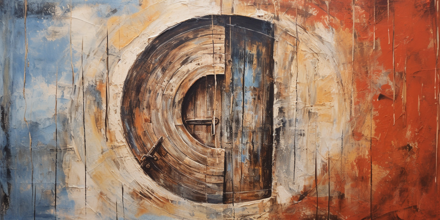 Bold acrylic painting of medieval door with time machine spiral