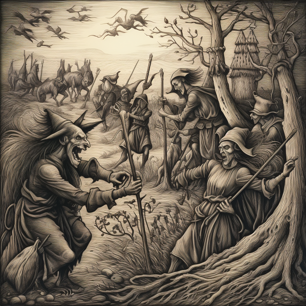 Witch hunting in medieval drawing