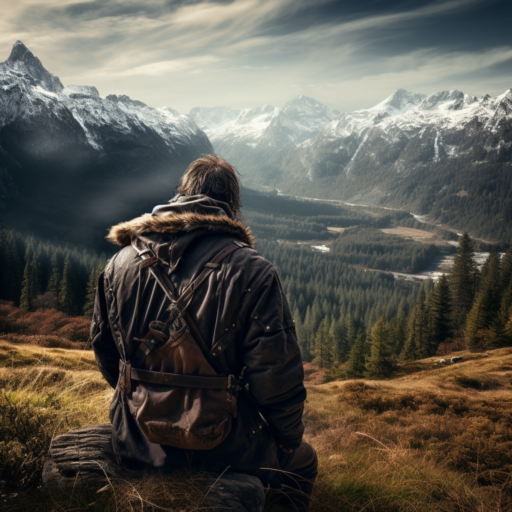 Medieval explorer gazing at wilderness