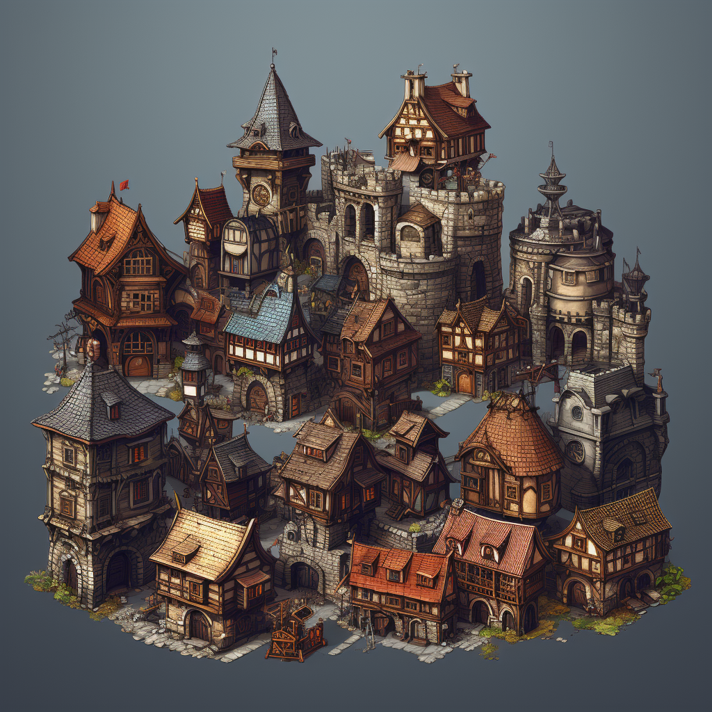 Aerial view of medieval fantasy buildings