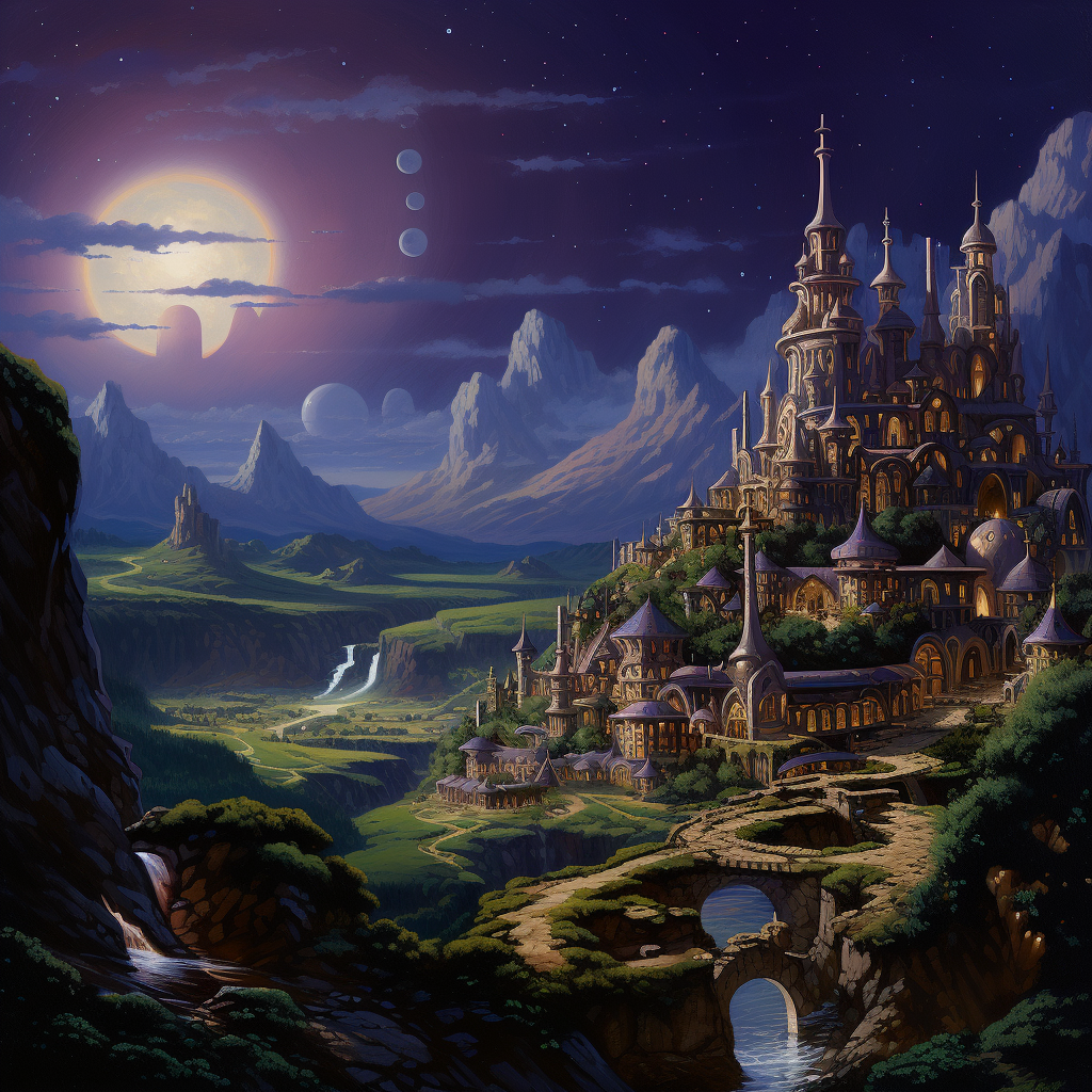 Medieval fantasy village with moonlit sky and spaceship