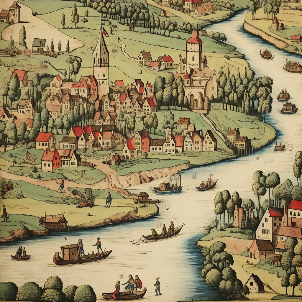 Aerial view of medieval farming village on a river