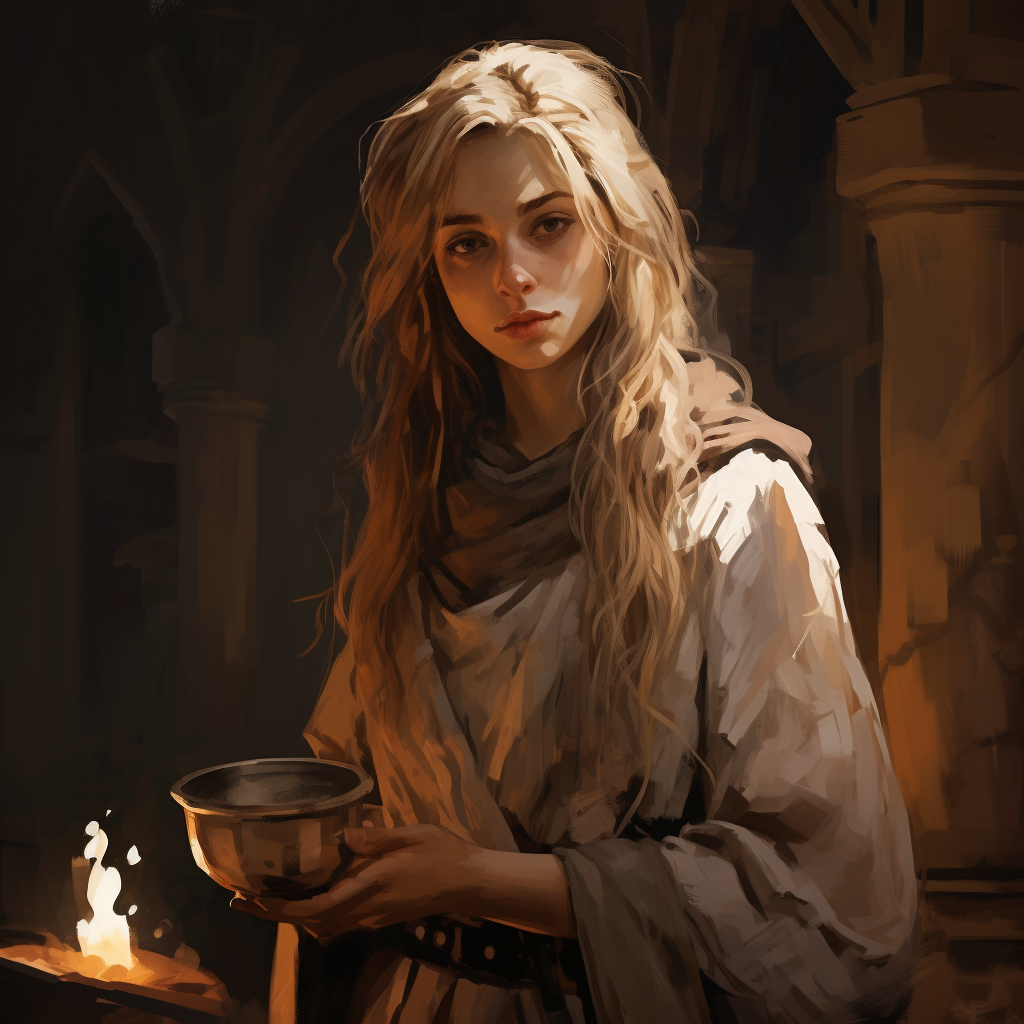 Poor medieval girl holding a candle in a small iron pot