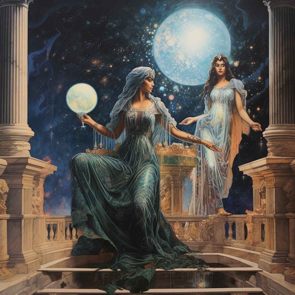 Greek goddesses surrounded by magical cosmos