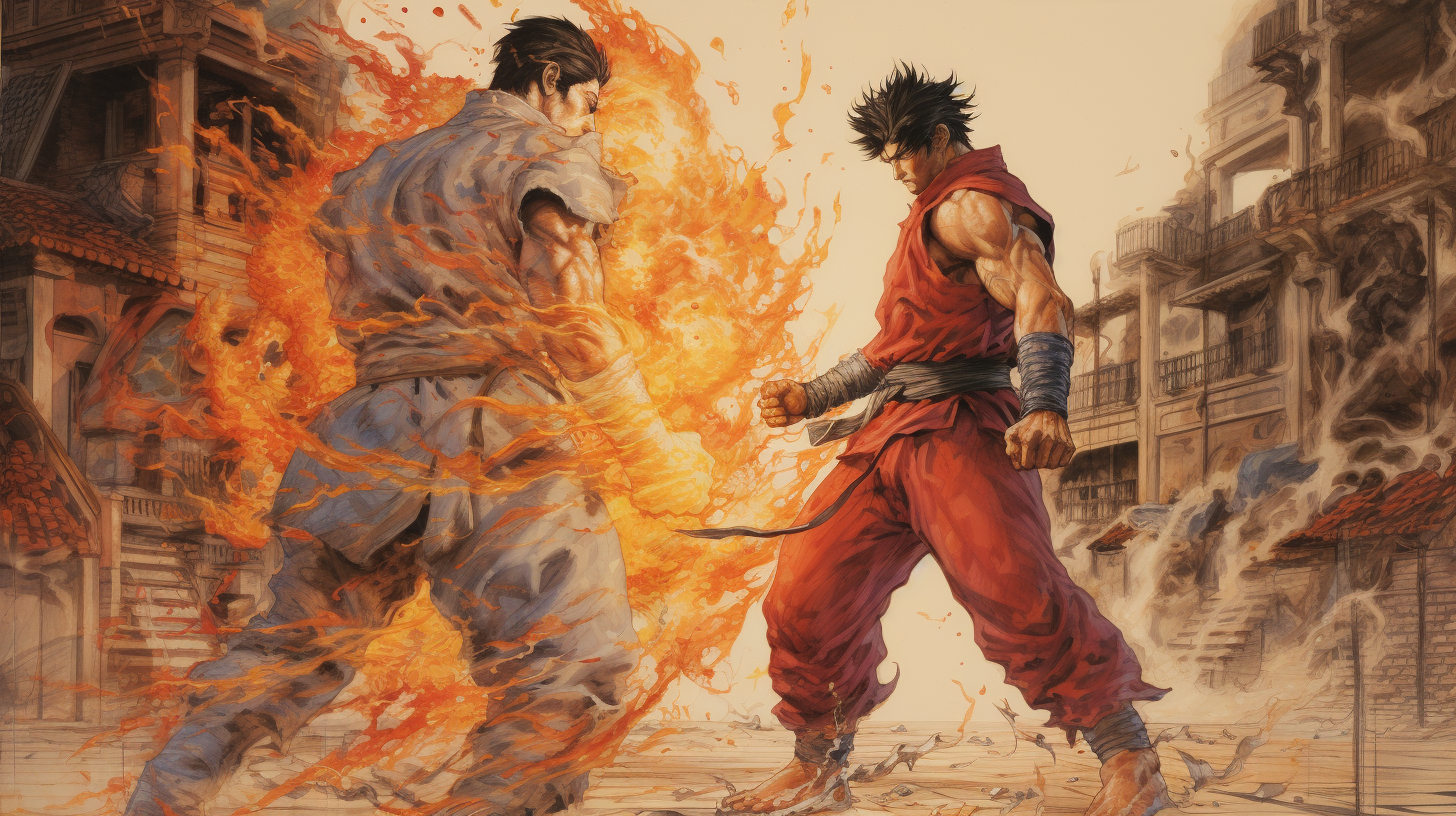 Intense battle between Ryu and Ken Shiro in medieval Japan