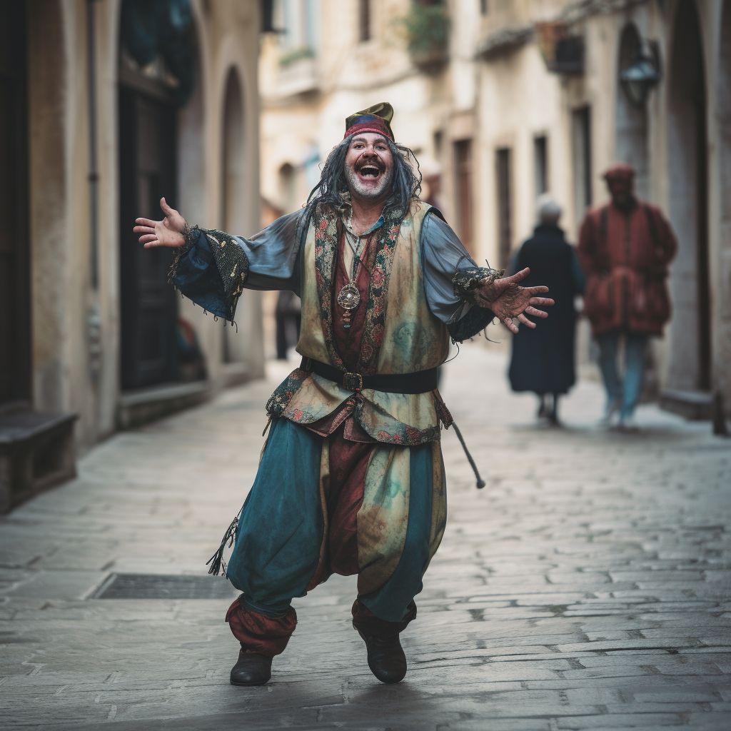 Medieval jester dancing and singing in the streets