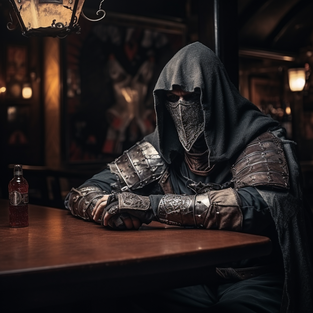 Medieval knight sitting at tavern table with hood and bandana