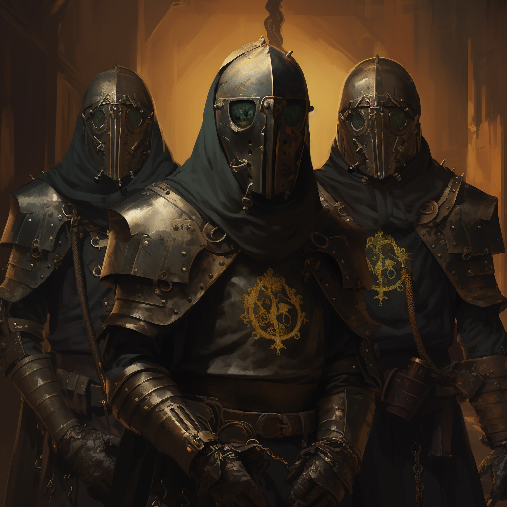 Three medieval knights in post-apocalyptic setting