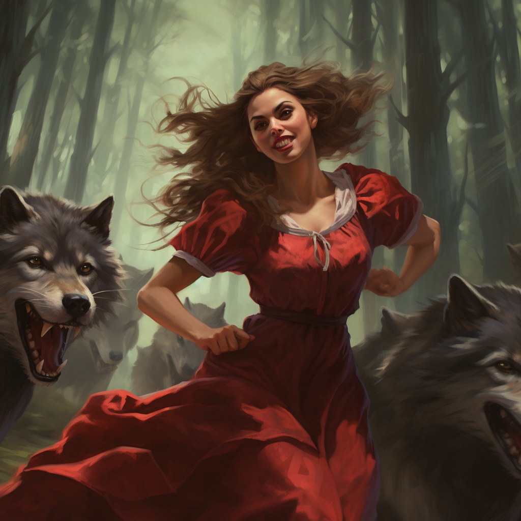 Medieval maiden leading pack of wolves in red dress