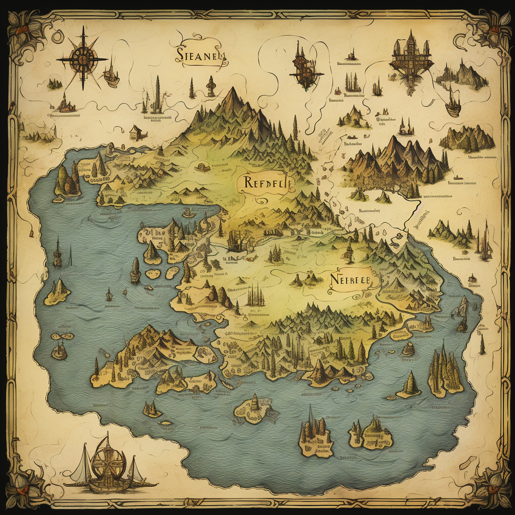 Medieval map with a scenic lake