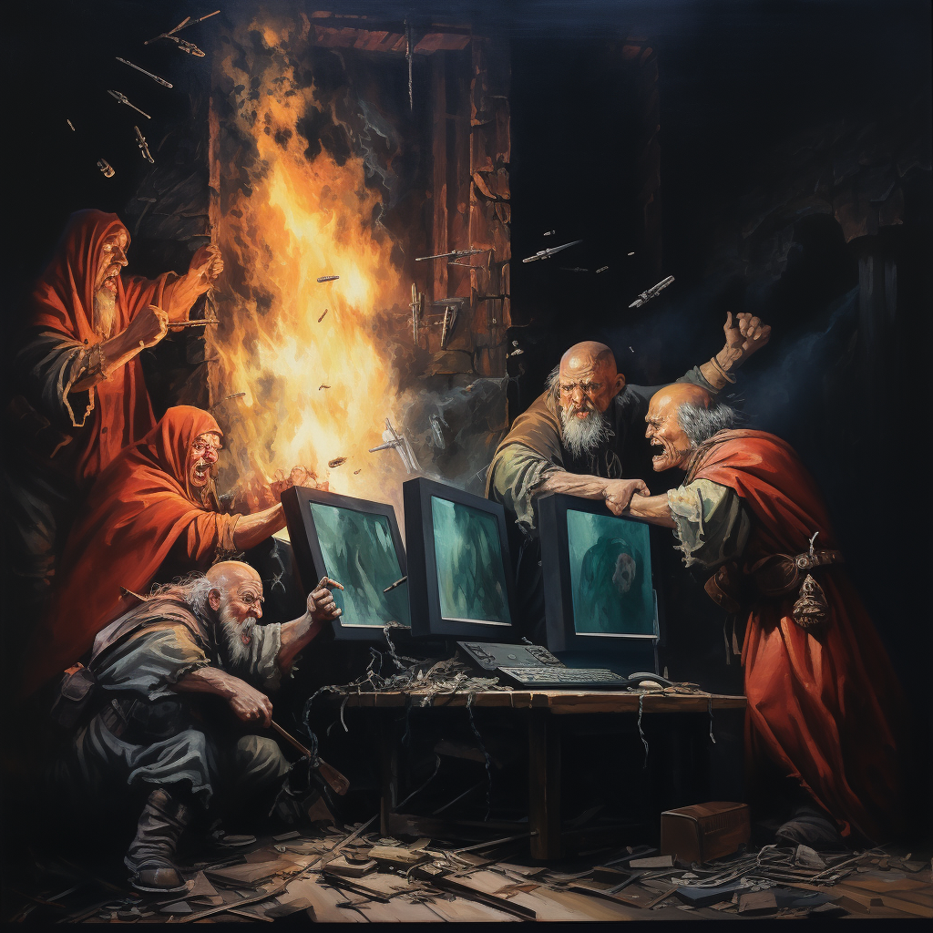 Medieval men destroying giant computer artwork