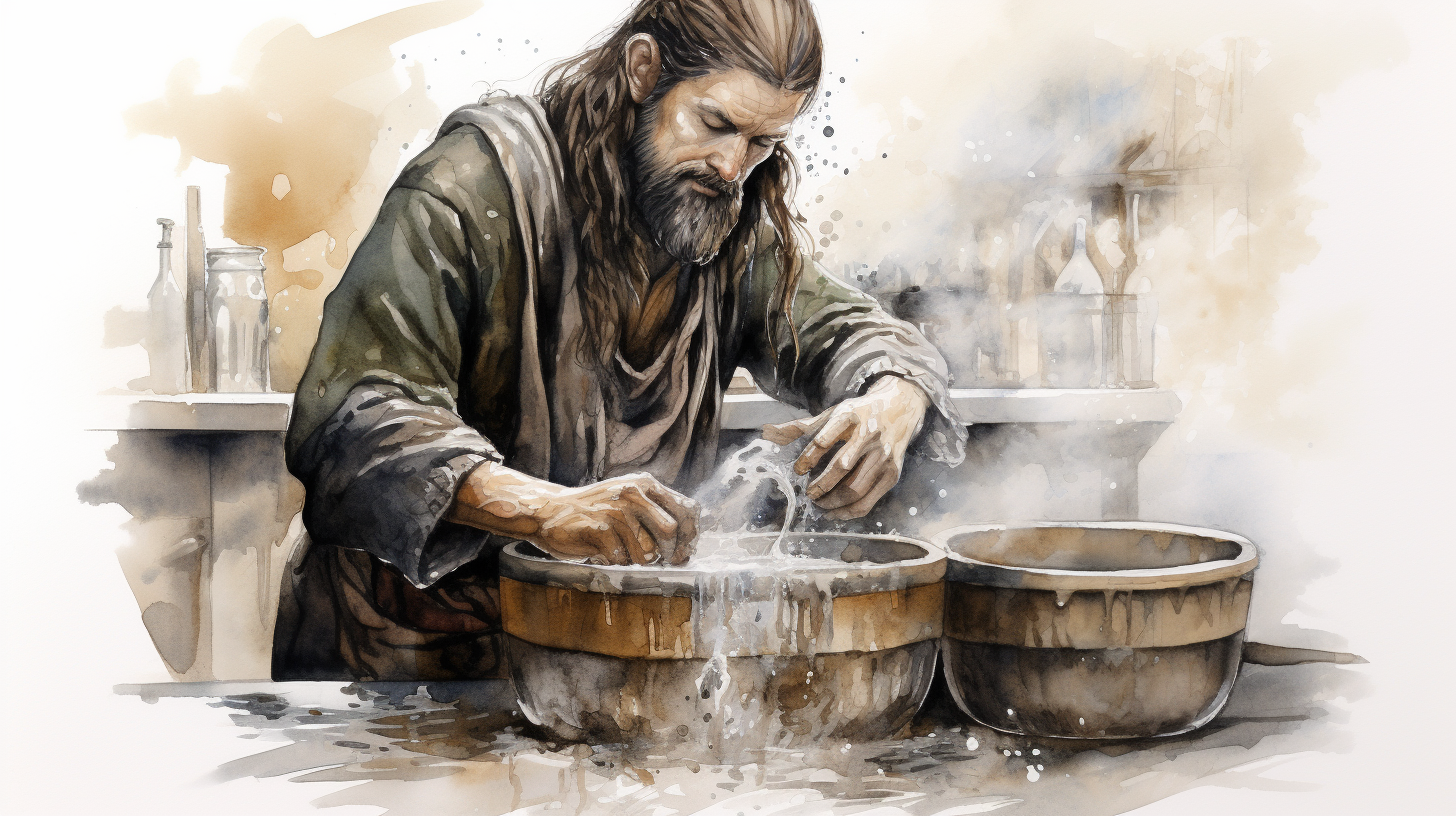 Medieval miller sifting flour quality test