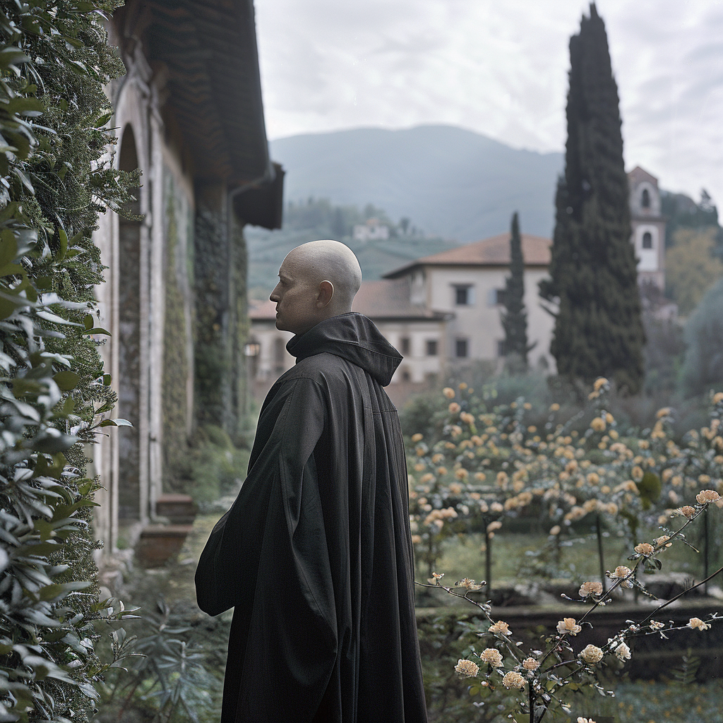 Medieval monk in serene garden