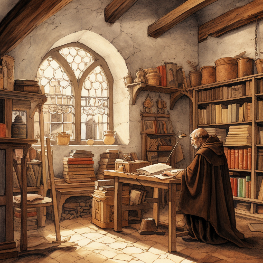 Medieval monk writing at wooden desk