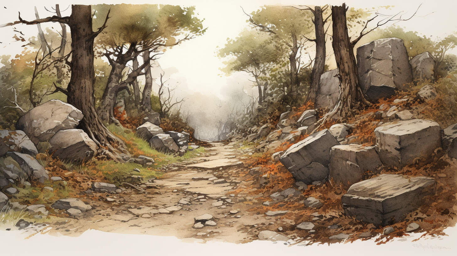 Stylized medieval path with rocky trail in the woods