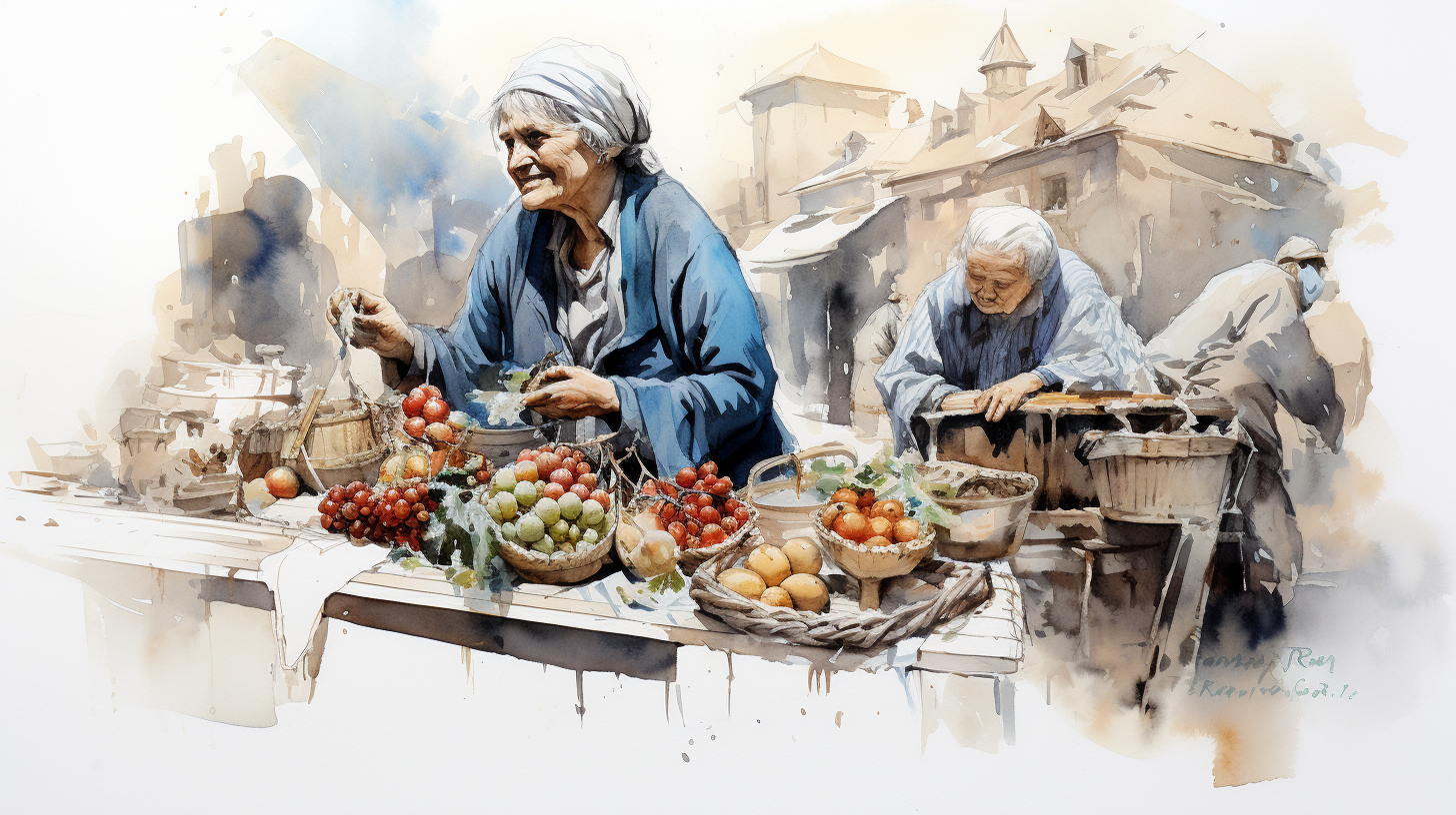 Smiling medieval old woman selling fruit at market