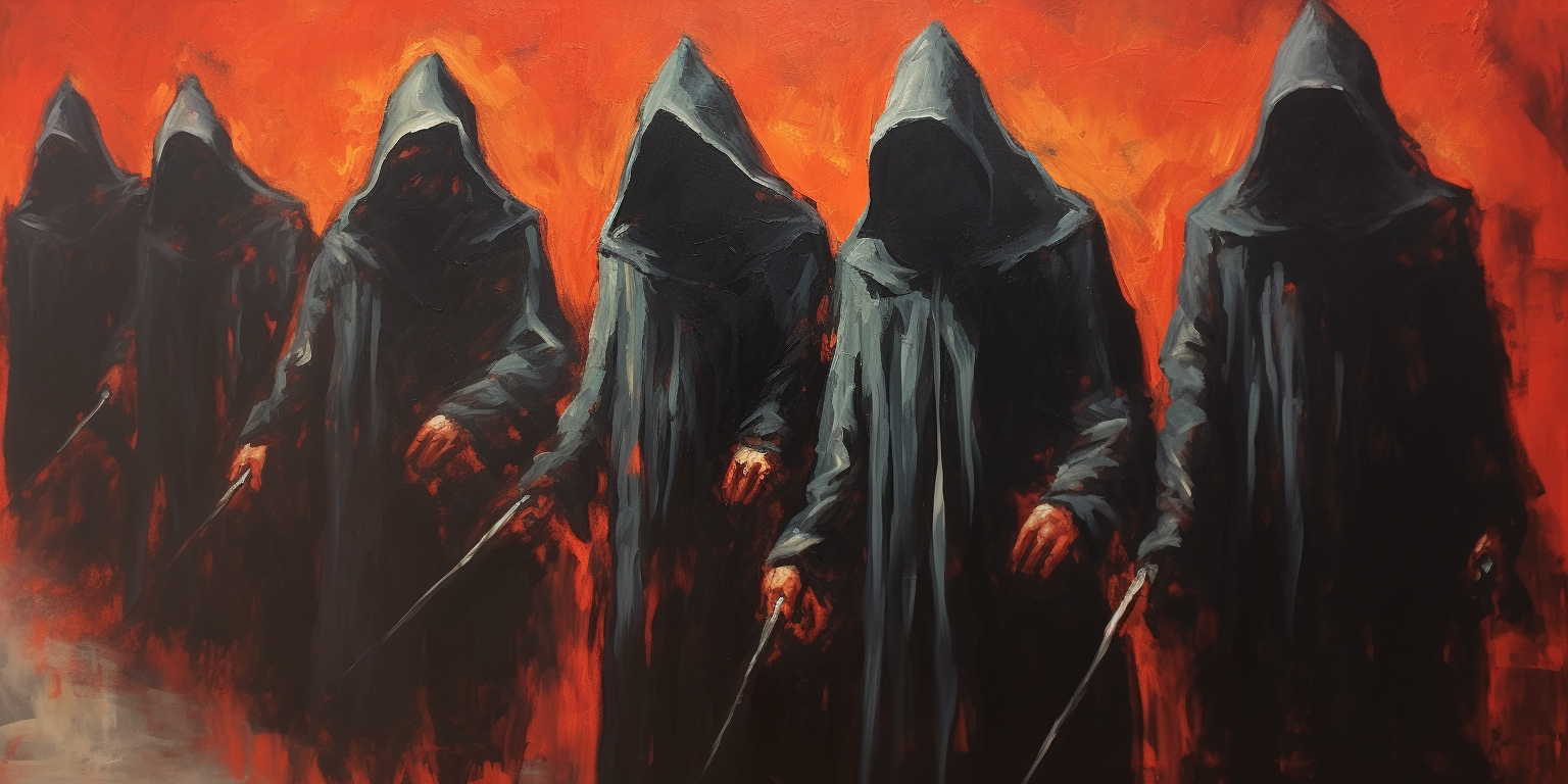 Medieval party cultists in bold brush stroke style