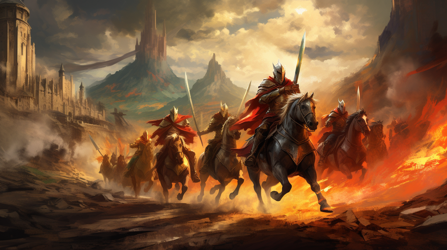 Medieval power rangers team on horses in battlefield