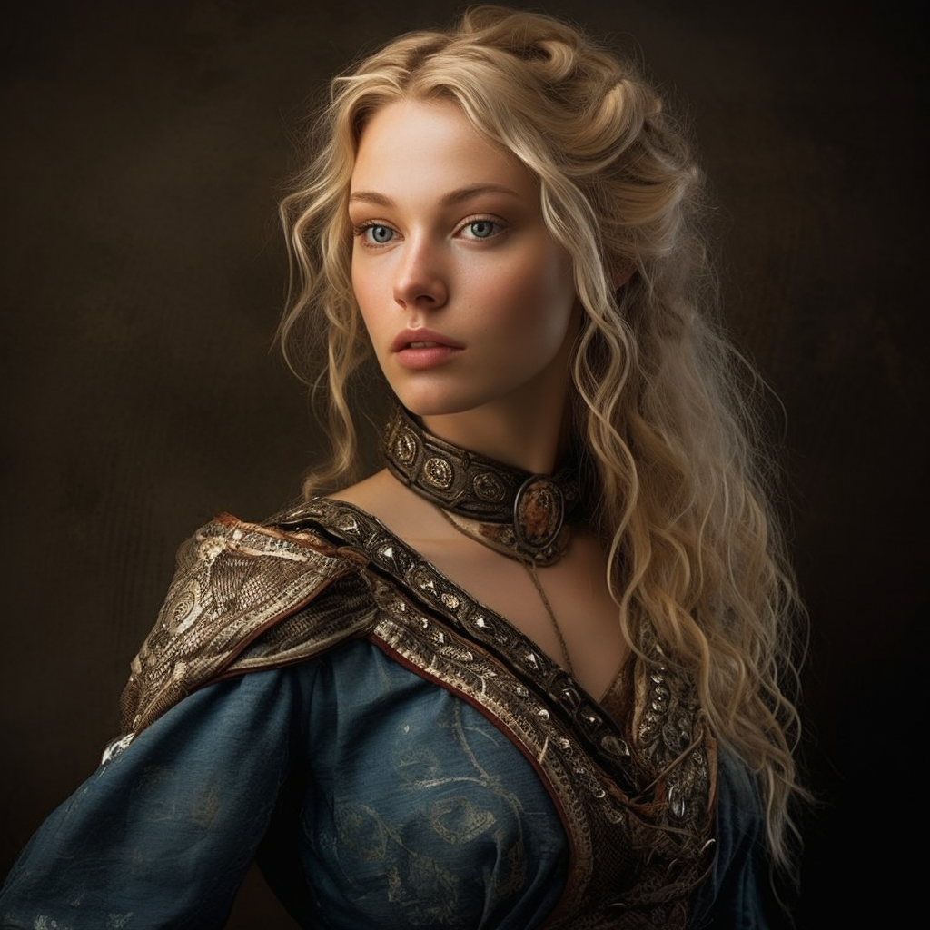 Blonde woman in her 40s with regal medieval portrait