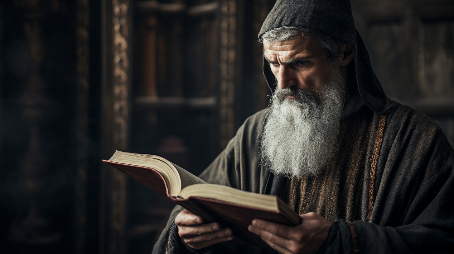 Medieval Russian monk examining Bible with disdain