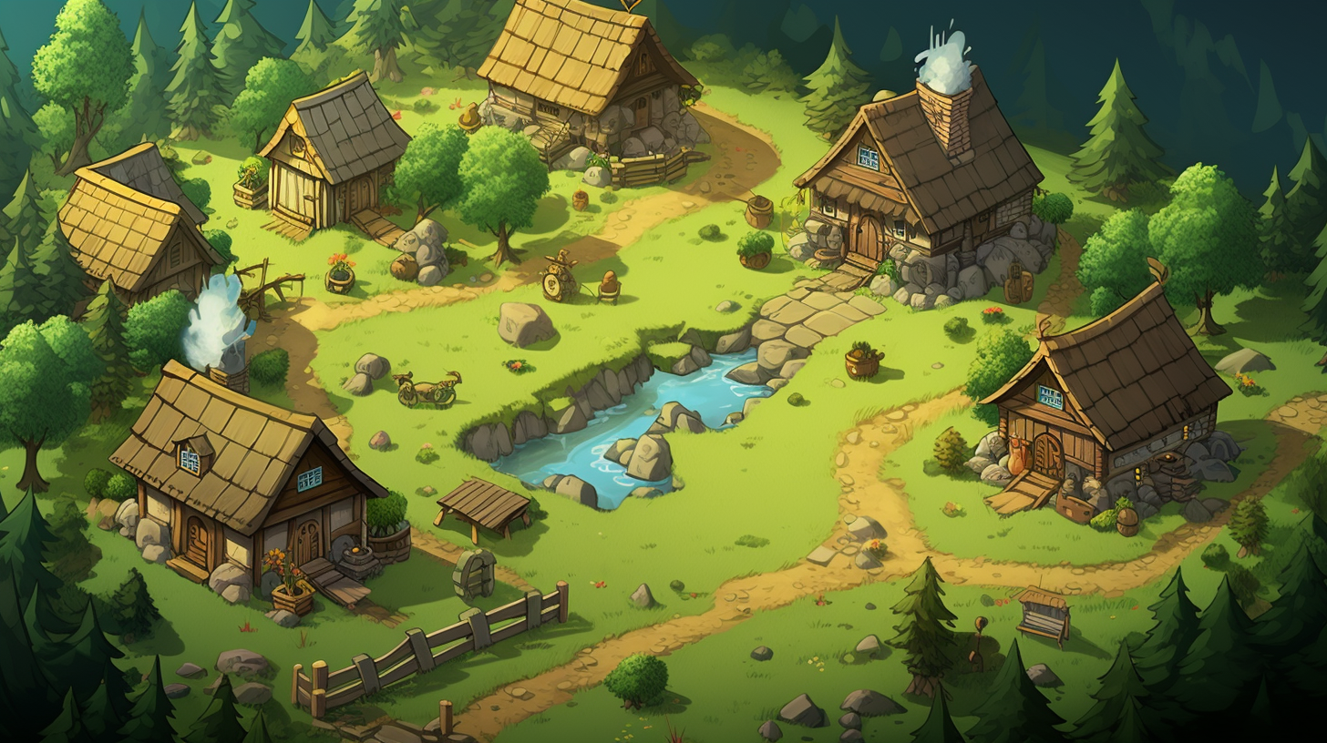 Isometric view of a medieval settlement in a forest