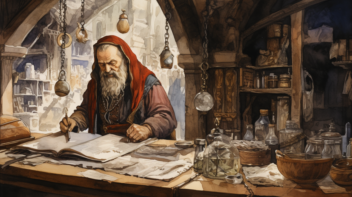 Medieval shopkeeper selling general supplies