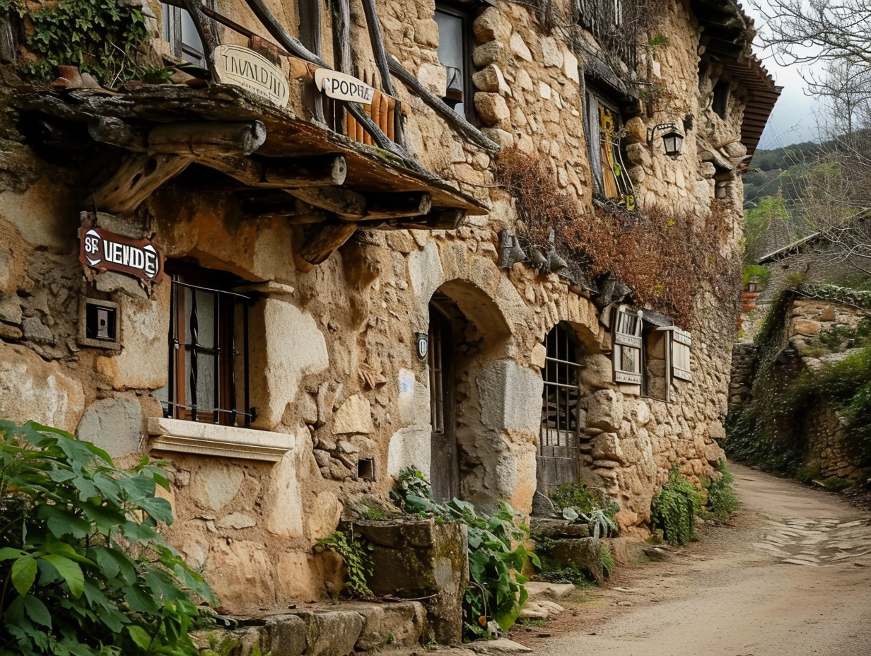 Medieval stone house with 'SE VENDE' sign