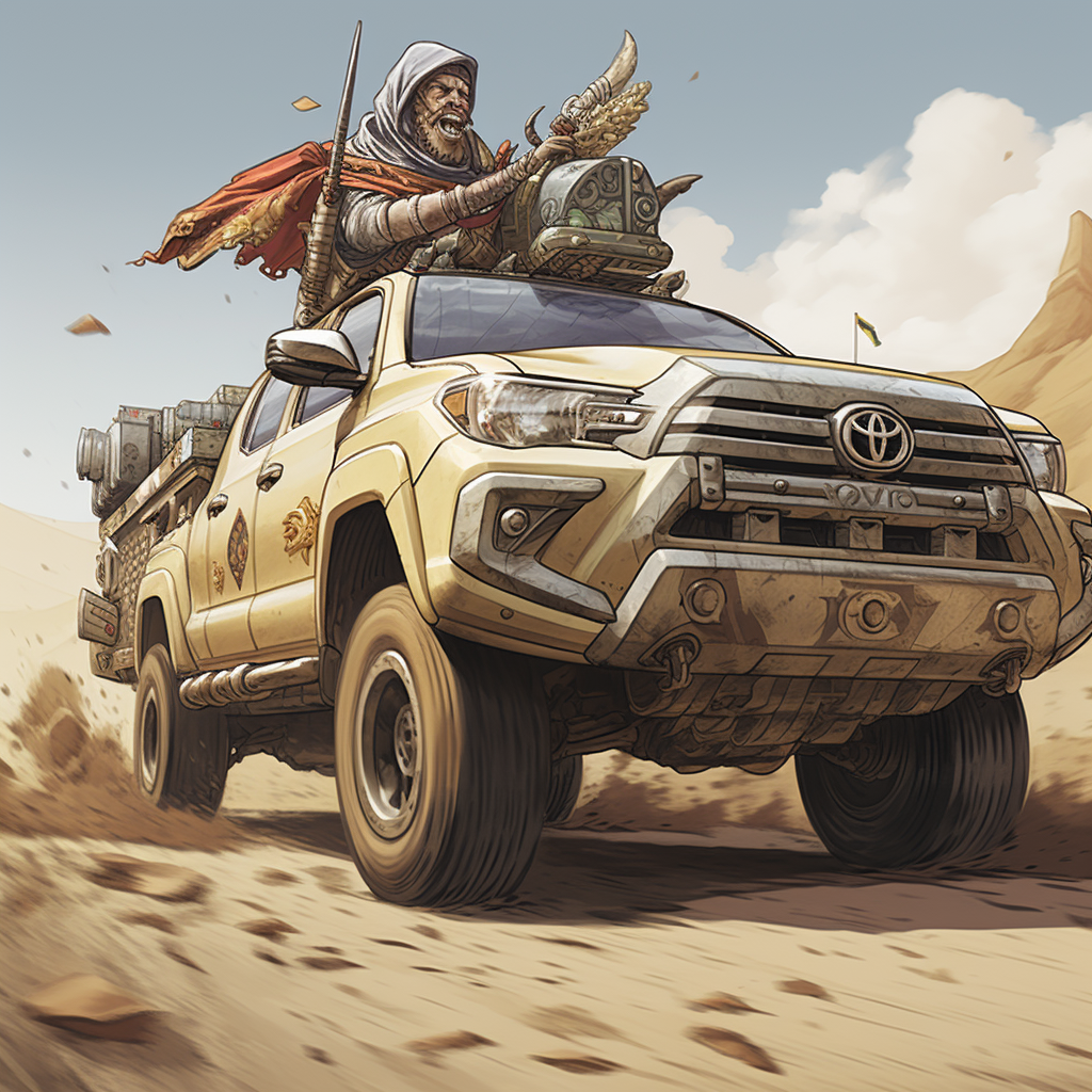 Knight riding a Toyota Tacoma in battle