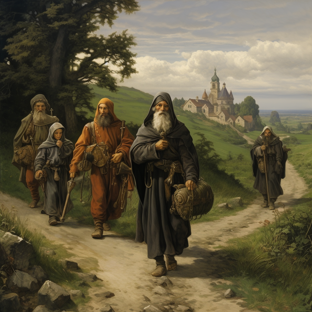 Group of medieval travelers on a country road