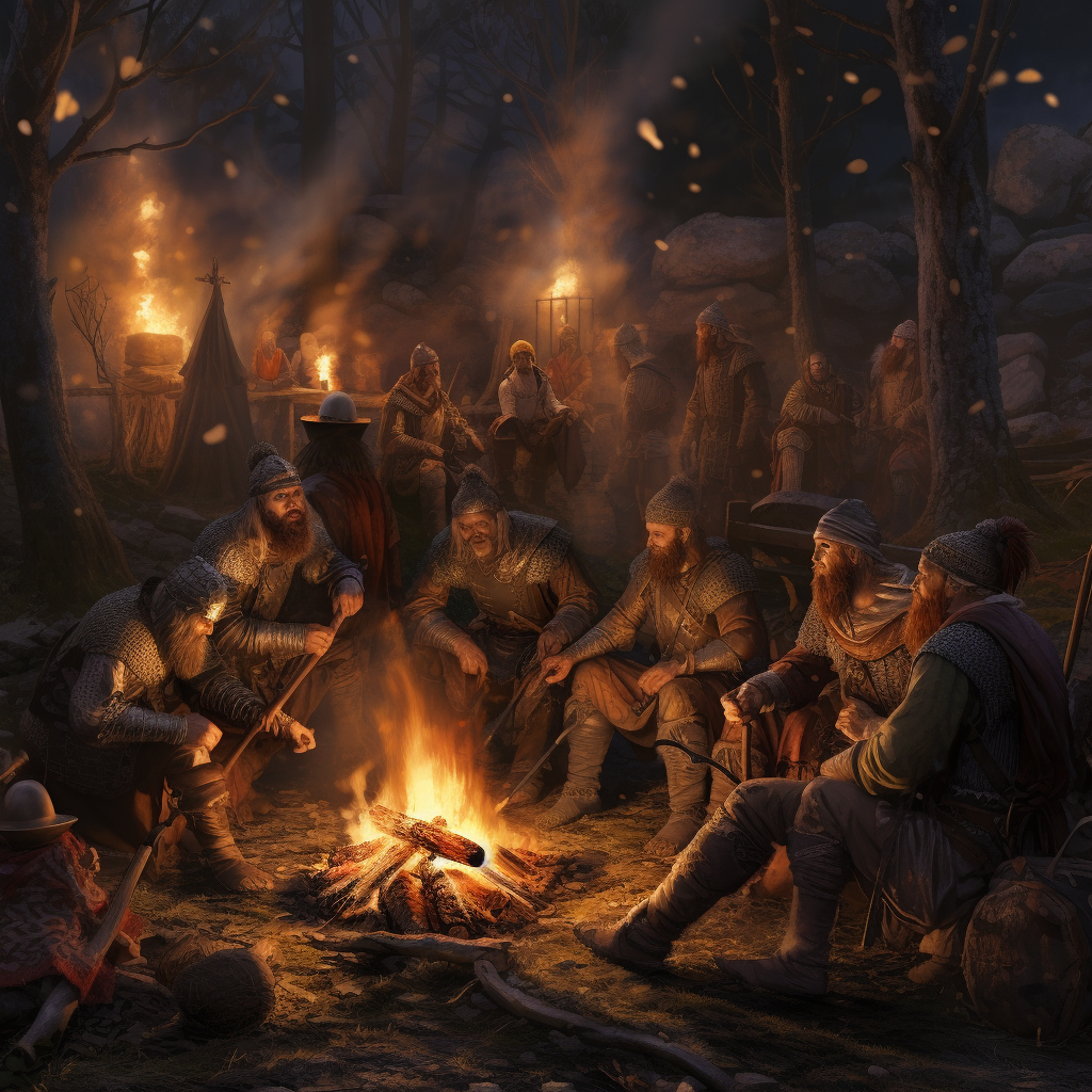 Medieval warriors enjoying around a campfire