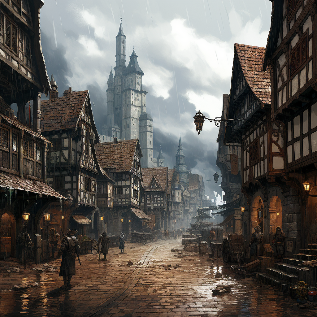 Illustration of a rainy medieval city