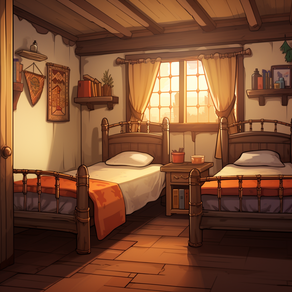 Cartoonish medieval Western inn bedroom