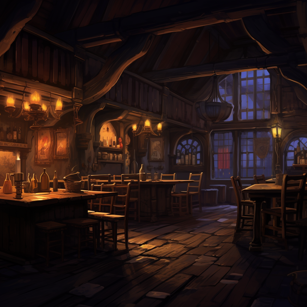 Cartoonish medieval Western inn at night