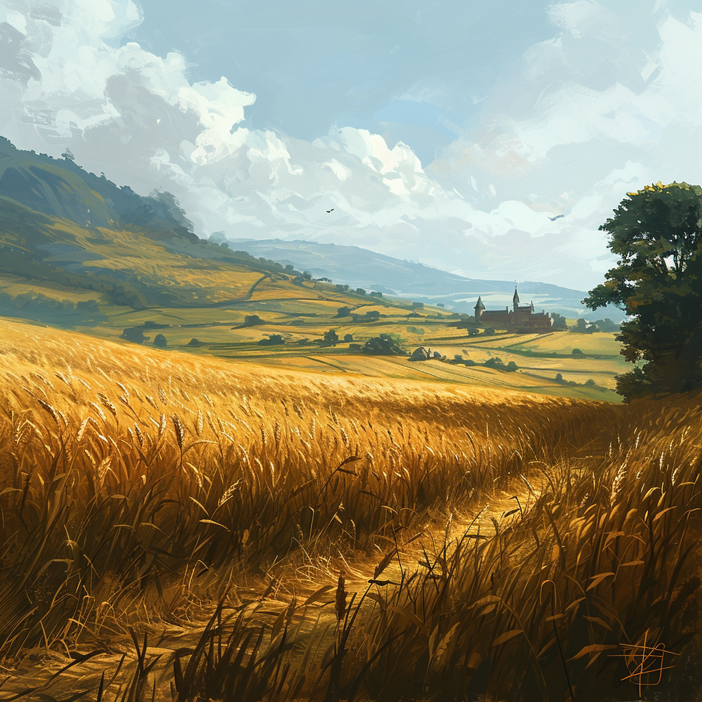 Golden wheat fields in medieval setting