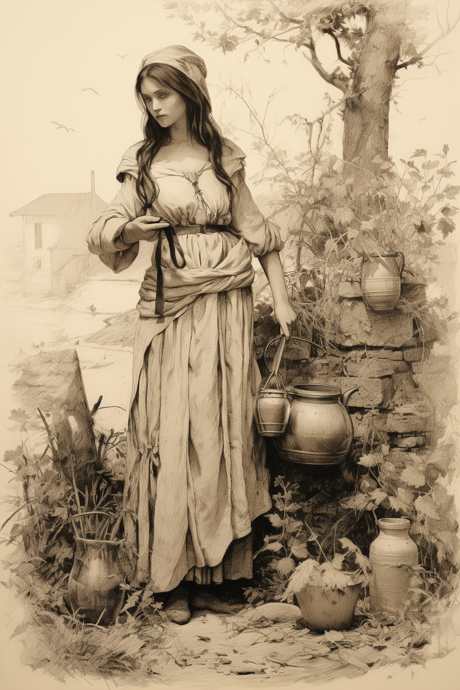 Medieval witch in garden - enchanting sketch