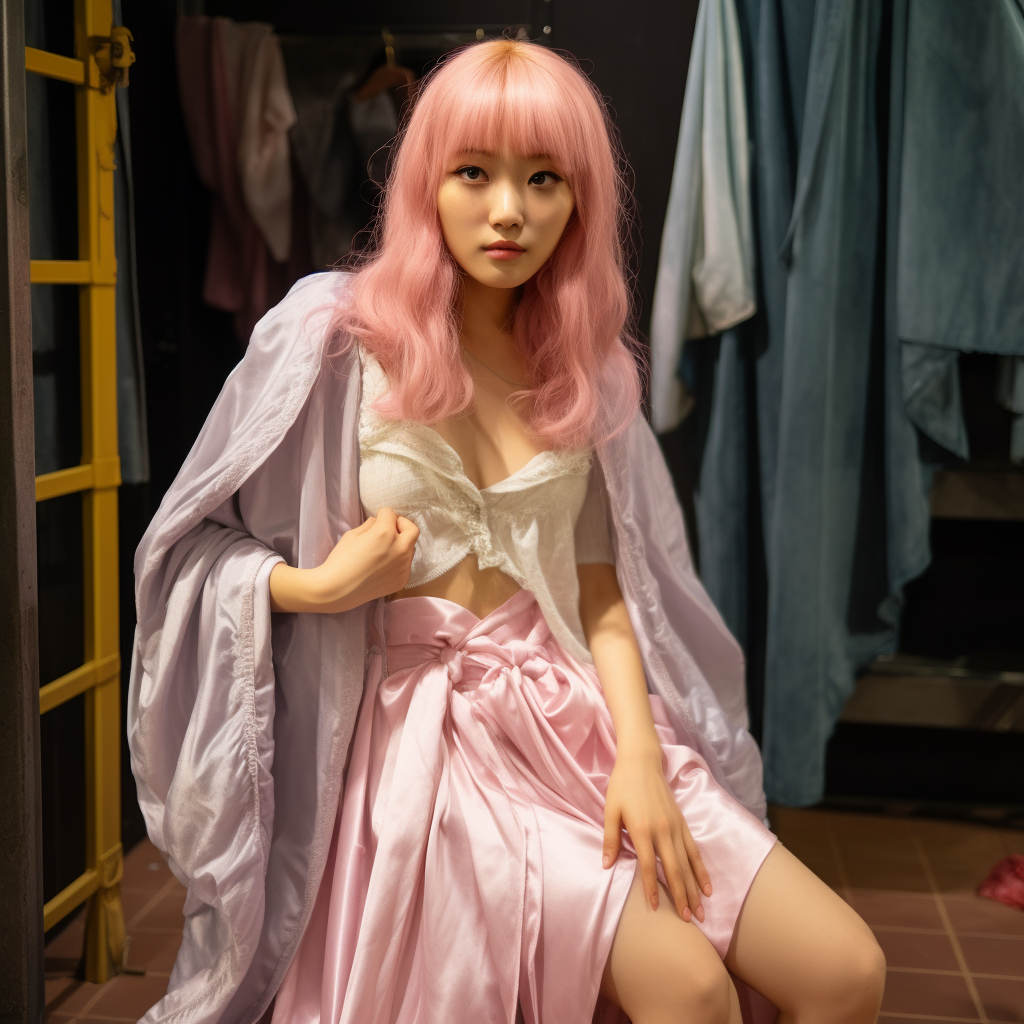 Asian woman in medieval peasant dress in dressing room