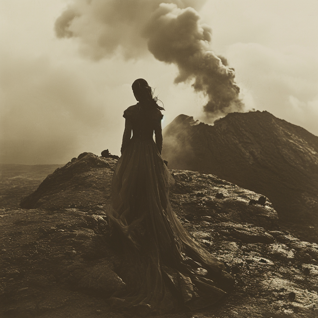 Medieval woman on volcano movie scene