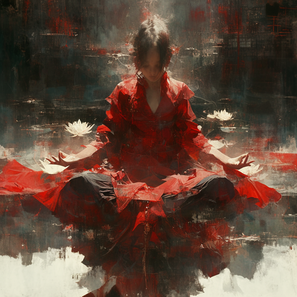 Beautiful Chinese woman meditating in red outfit