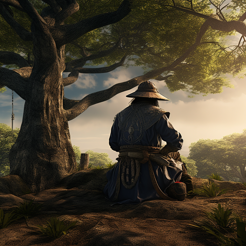 Meditating Japanese warrior under a tree