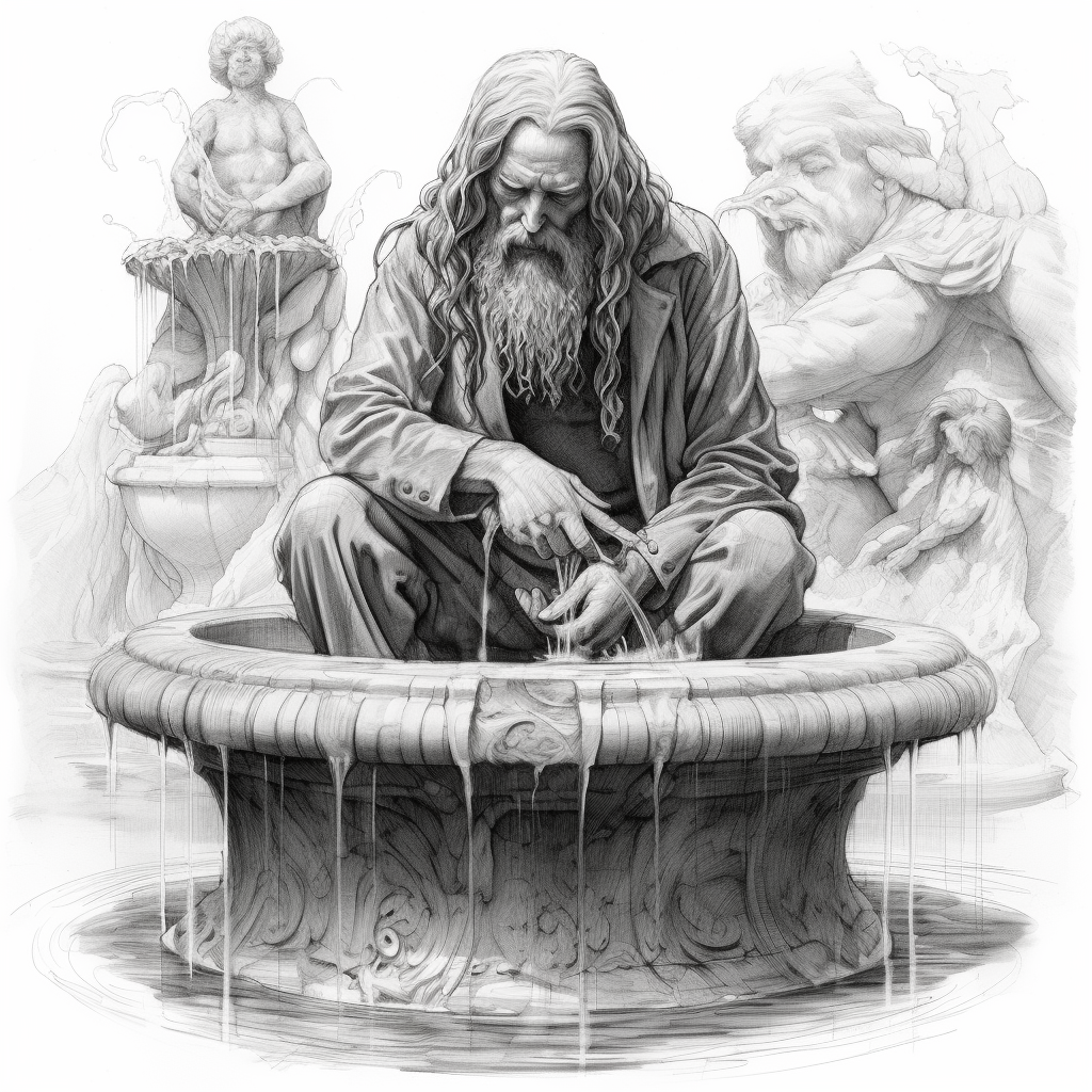 Meditating man in pencil-drawn fountain