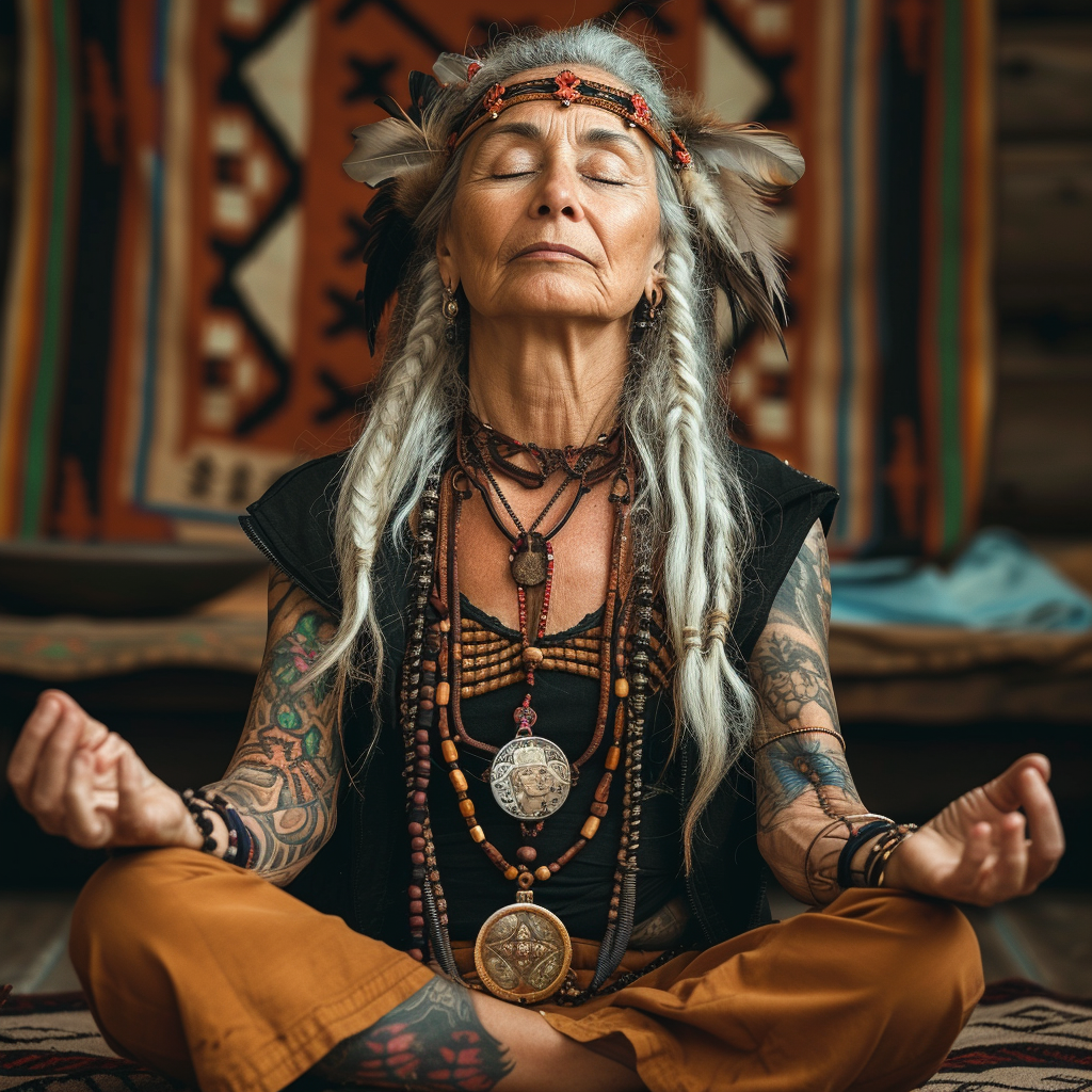 Meditating woman with bracelets and symbols