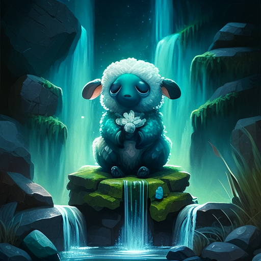 Cute meditating sheep in teal on waterfall