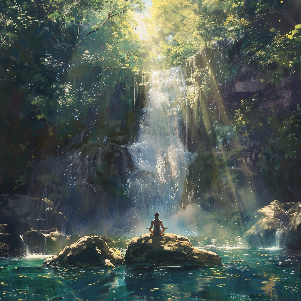 Person meditating in sunny waterfall