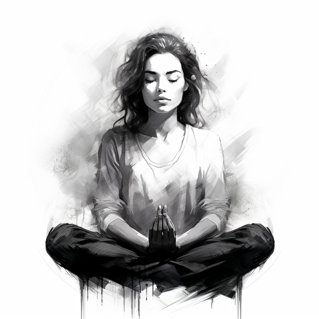 Meditating woman in black and white sketch