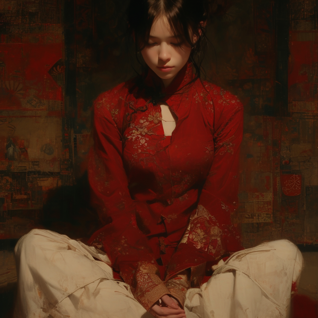 Meditating Chinese Woman in Red Outfit